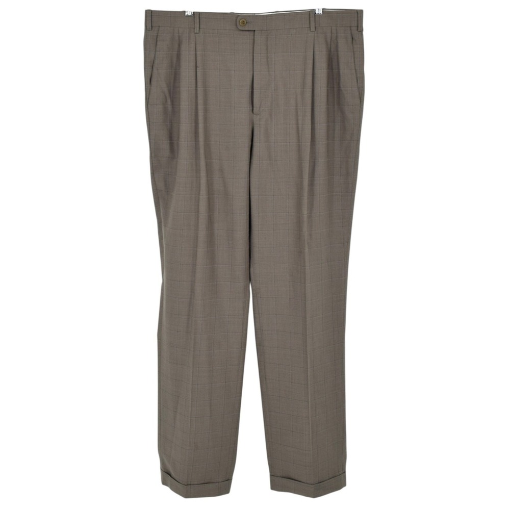 Zanella Bennett Mens 40x34 Brown Windowpane Plaid Pleated Wool Italy Dress Pants